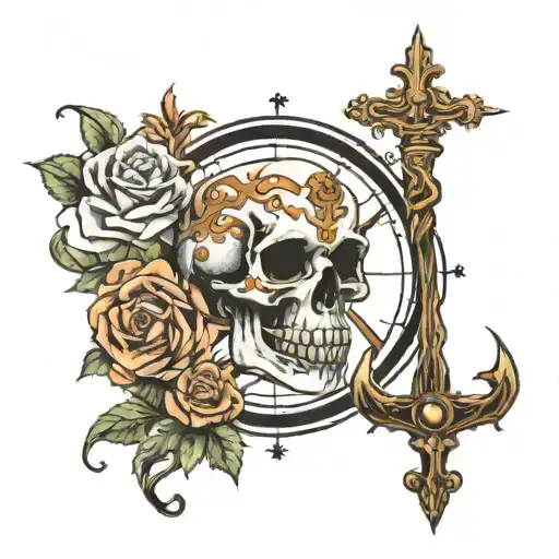 skull zeus y poseidon trident compass lightning roses card  tattoo design idea