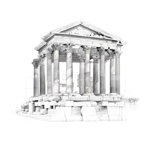 A detailed sketch of a clarinet with ancient Roman and Greek architectural elements in the background tattoo design idea
