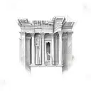 A detailed sketch of a clarinet with ancient Roman and Greek architectural elements in the background tattoo design idea