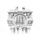 A detailed sketch of a clarinet with ancient Roman and Greek architectural elements in the background tattoo design idea