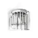 A detailed sketch of a clarinet with ancient Roman and Greek architectural elements in the background tattoo design idea