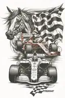 formula 1 car and checkered flag and ferrari horse tattoo logo tattoo design idea