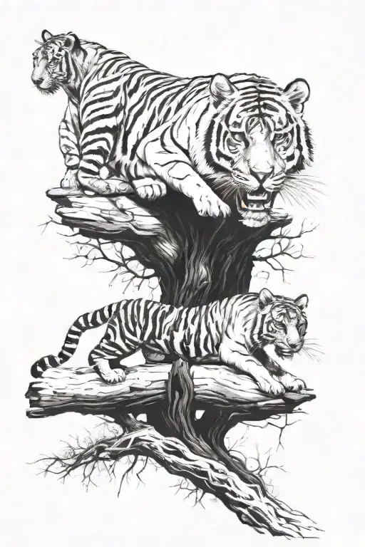 tiger and panther walking on log tattoo design idea