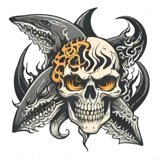 Skull flames and sharks tattoo design idea