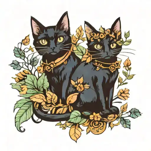two witchy black cats with foliage  tattoo design idea