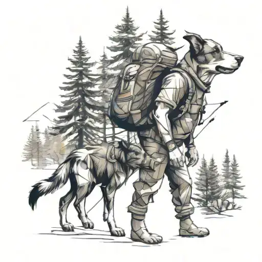 A geometric representation of a backpacker exploring a dense forest with a dog leading the way tattoo design idea