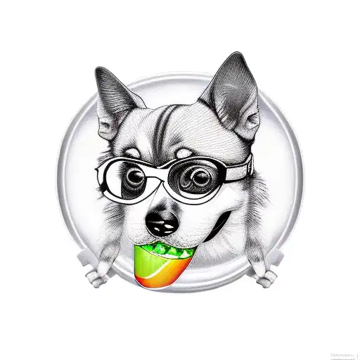 funny dog with a bone in her mouth tattoo design idea