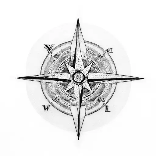 A blackwork tattoo showcasing a compass with a unique design incorporating ocean waves and an orca's tail emerging from it. tattoo design idea