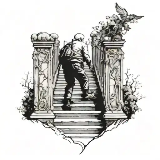 An elderly man climbing stairs to the gates of heaven tattoo design idea