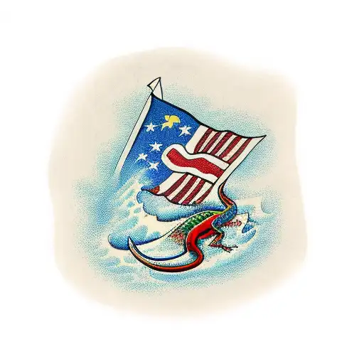 A traditional-style gecko surfing on a wave with a Maryland flag in the background tattoo design idea