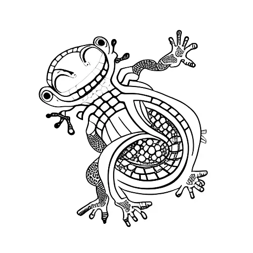 A minimalist tattoo of a gecko surrounded by foreign language scripts tattoo design idea