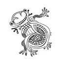 A minimalist tattoo of a gecko surrounded by foreign language scripts tattoo design idea