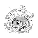 A minimalist tattoo of a gecko surrounded by foreign language scripts tattoo design idea