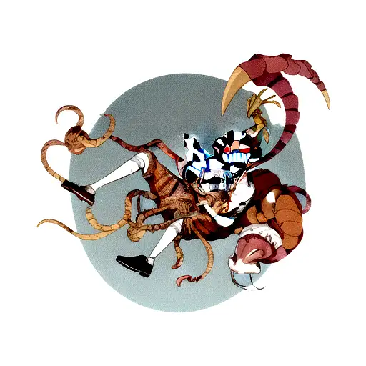 scary clown riding aries ram whikle holding a snakje tattoo design idea