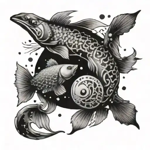 Pisces fish swimming creating yin yang symbol merging with constellation  tattoo design idea