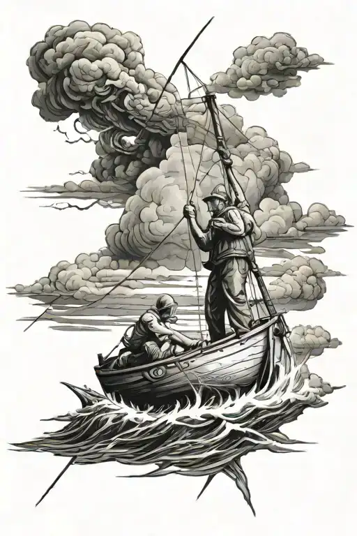fishing man on a boat sailing storm clouds tattoo design idea