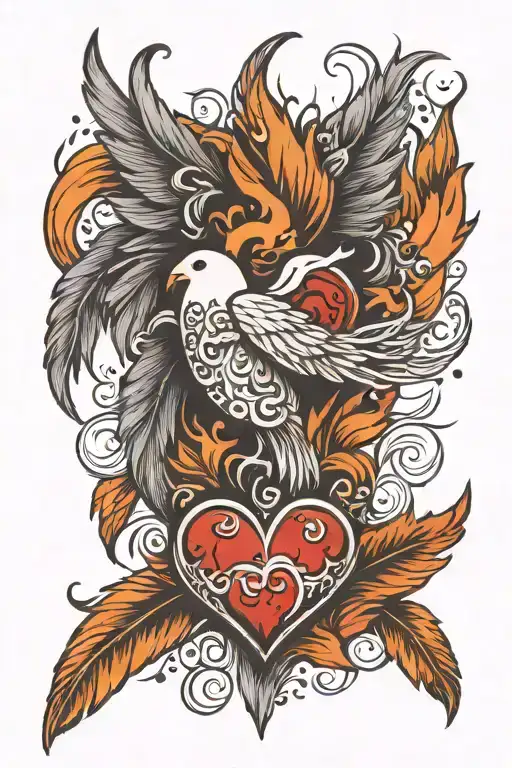 Flaming Heart and feathers falling tattoo design idea