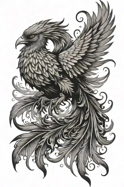 Flaming phoenix and feathers falling tattoo design idea