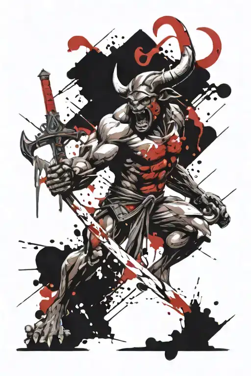 angry Minotaur swinging big sword tattoo design idea