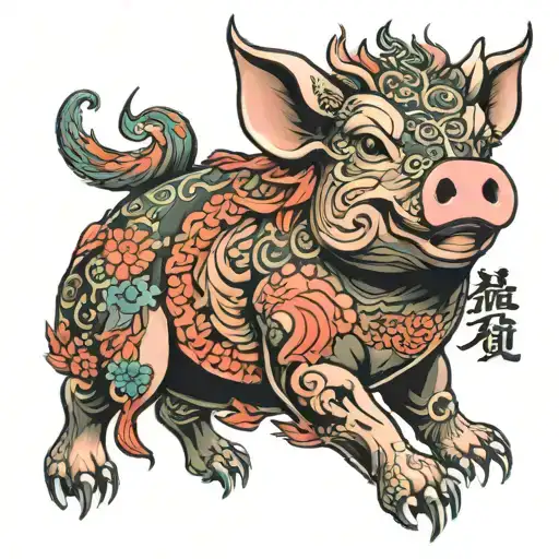 Chinese zodiac pig with dragon on shoulder  tattoo design idea
