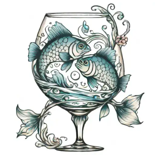 two Pisces fish swimming in a wine glass tattoo design idea