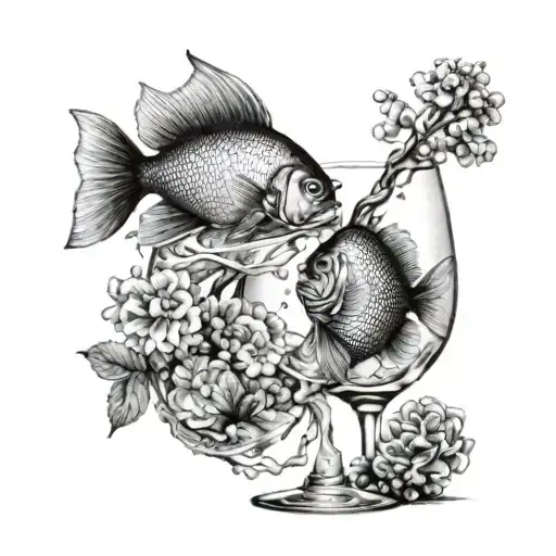 two Pisces fish swimming in a wine glass tattoo design idea