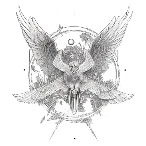 back piece with lantern in middle of back and vulture on shoulder and florals on bottom tattoo design idea