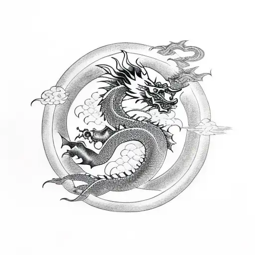 Dragon with a sun using only red, yellow and black tattoo design idea