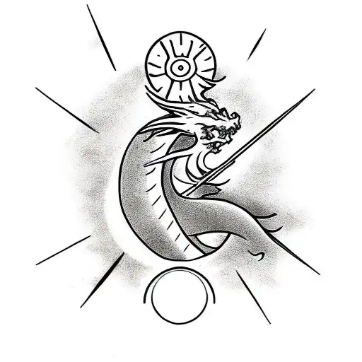 Dragon with a sun using only red, yellow and black tattoo design idea