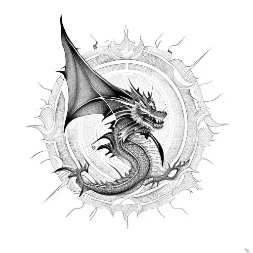Dragon with a sun using only red, yellow and black tattoo design idea