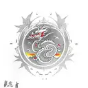 Dragon with a sun using only red, yellow and black tattoo design idea