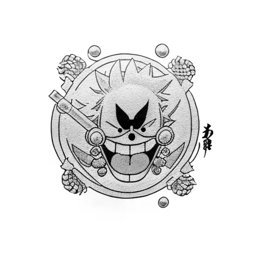 A blackwork portrait of Luffy from One Piece with a dragon ball in hand tattoo design idea