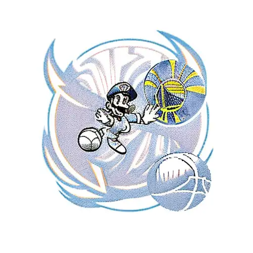 A traditional style tattoo of Super Mario and Yoshi playing basketball in space with the golden state warriors tattoo design idea