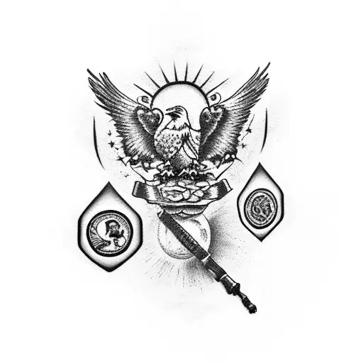 traditional eagle with all seeing eye and skull with roses tattoo design idea