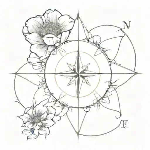 compass and anemone flower tattoo design idea