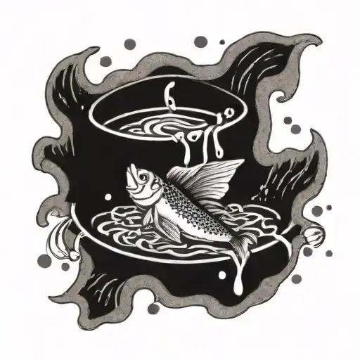 A dotwork tattoo of a gold pan overflowing with sparkling gold dust, with tiny fish swimming in the creek below, symbolizing the client's love for gold panning and fishing tattoo design idea