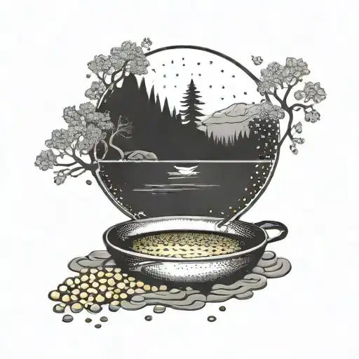 A dotwork tattoo of a gold pan filled with shimmering gold nuggets, with a serene creek in the background tattoo design idea