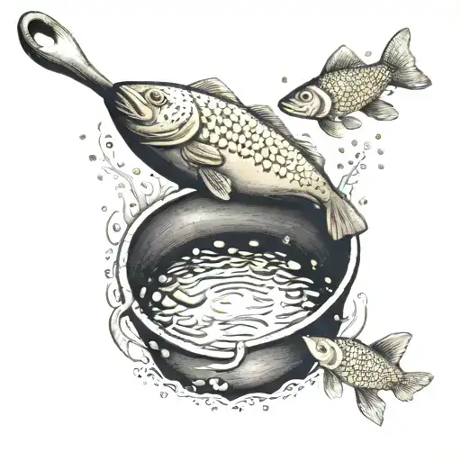 A dotwork tattoo of a gold pan overflowing with sparkling gold dust, with tiny fish swimming in the creek below, symbolizing the client's love for gold panning and fishing tattoo design idea