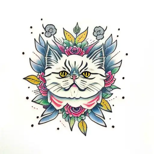 persian cat with old school flowers tattoo design idea