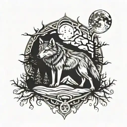 wolf, Wood And moon shining tattoo design idea
