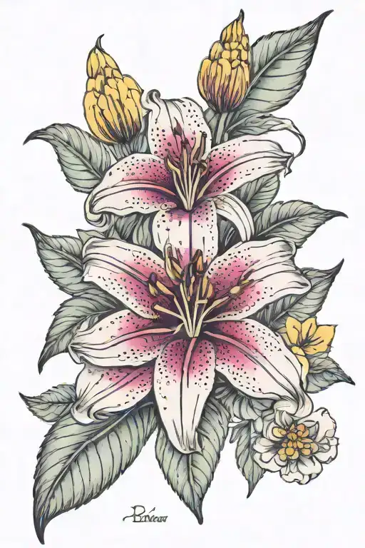 magenta stargazer lily and gold  marigold flower tattoo design idea