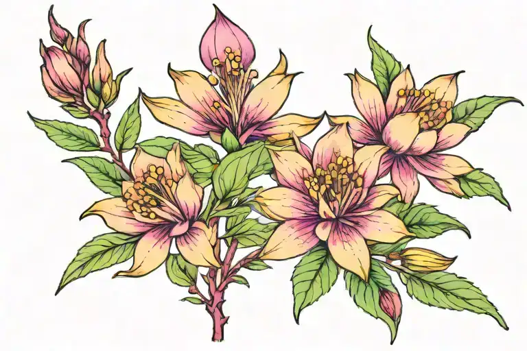 2 magenta fireweed arcs with pink yellow teal lotus in the middle tattoo design idea