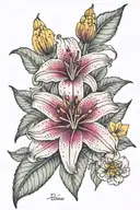magenta stargazer lily and gold  marigold flower tattoo design idea