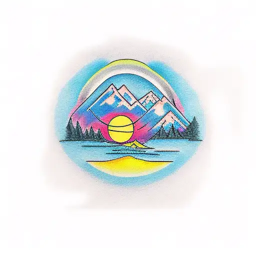 landscape with the sun, mountain, trees and a river tattoo design idea