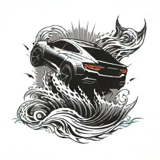 A sleek and powerful car merging with the ocean, inspired by Aquaman, symbolizing strength and speed tattoo design idea
