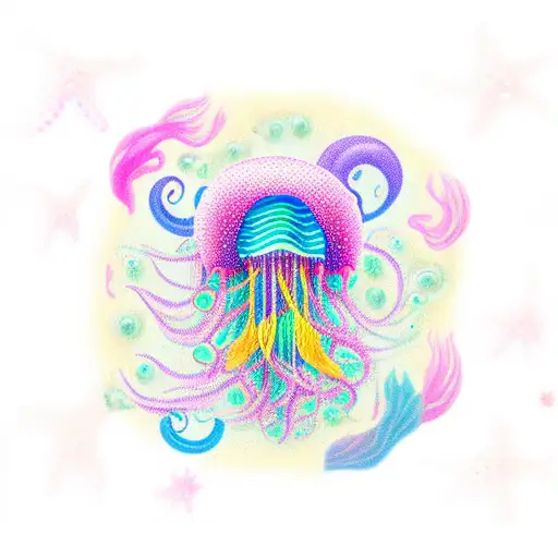 colorful jellyfish, include a blonde mermaid wrapped up in  tattoo design idea