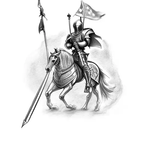 Silluhette of a knight with a flag on a spear, riding a horse  tattoo design idea