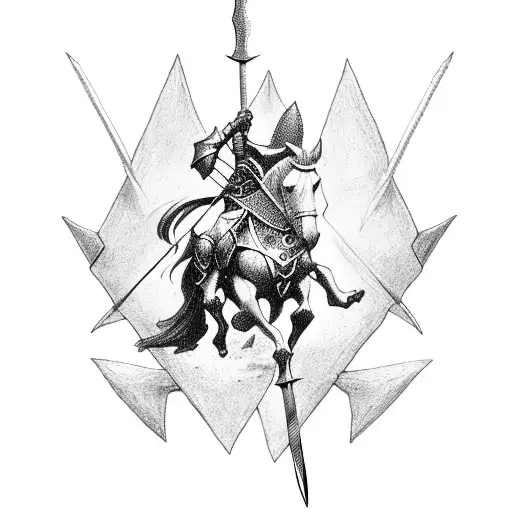 Silluhette of a knight holding a spear with a thin, long, triangular flag on it riding on a horse tattoo design idea