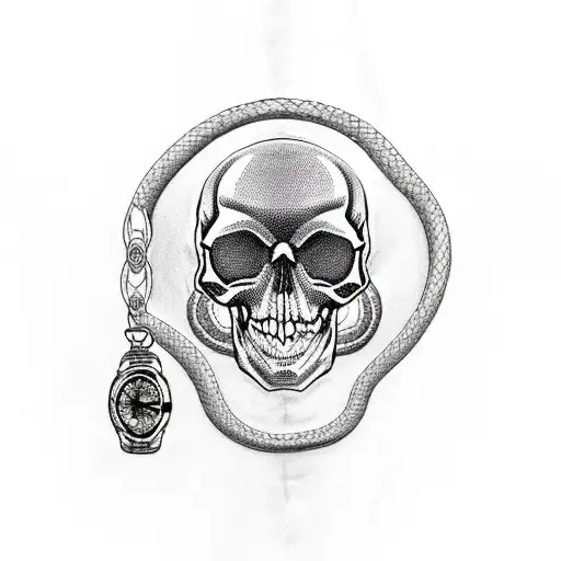 A blackwork tattoo of a skull with a pocketwatch chain entwined around it like a snake tattoo design idea