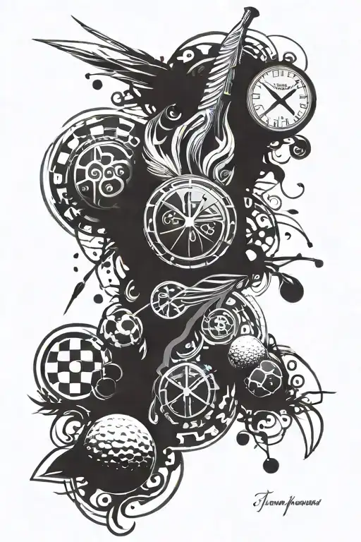 full left sleeve, with: “time is precious”, golf, NFFC, biomedical science research, hiking, powerlifting, gladiators. tattoo design idea